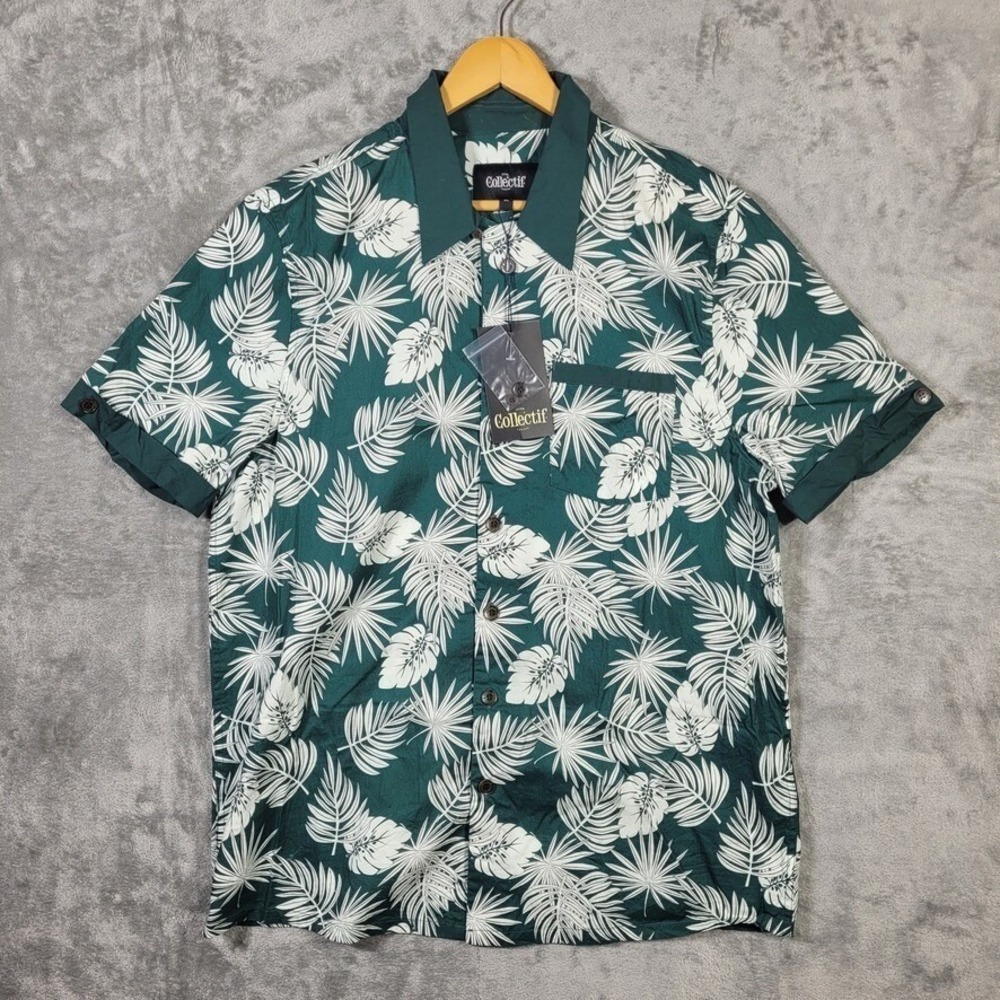 Collectif Shirt Mens Large Cesar Deep Palm Button Up Green White NWTs
